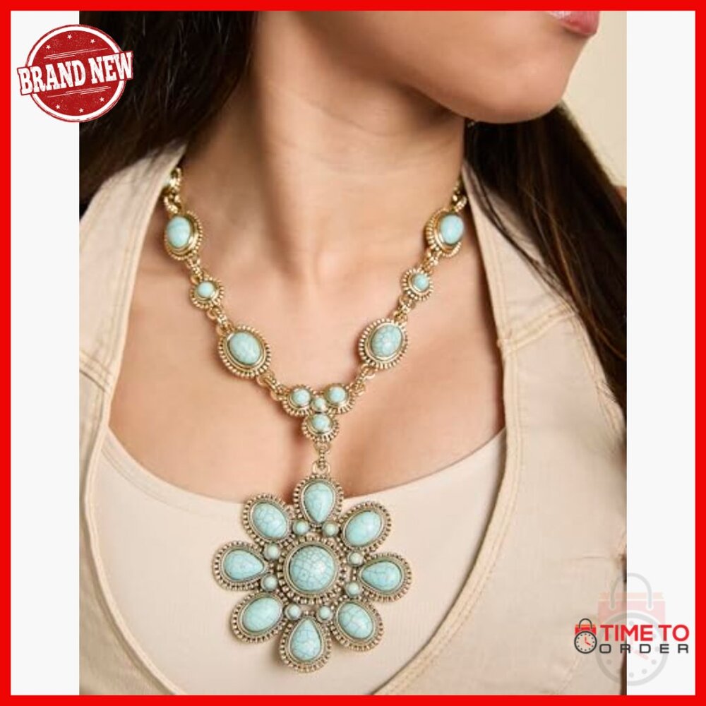 Large Turquoise Stone Flower Statement Necklace 1… - image 2